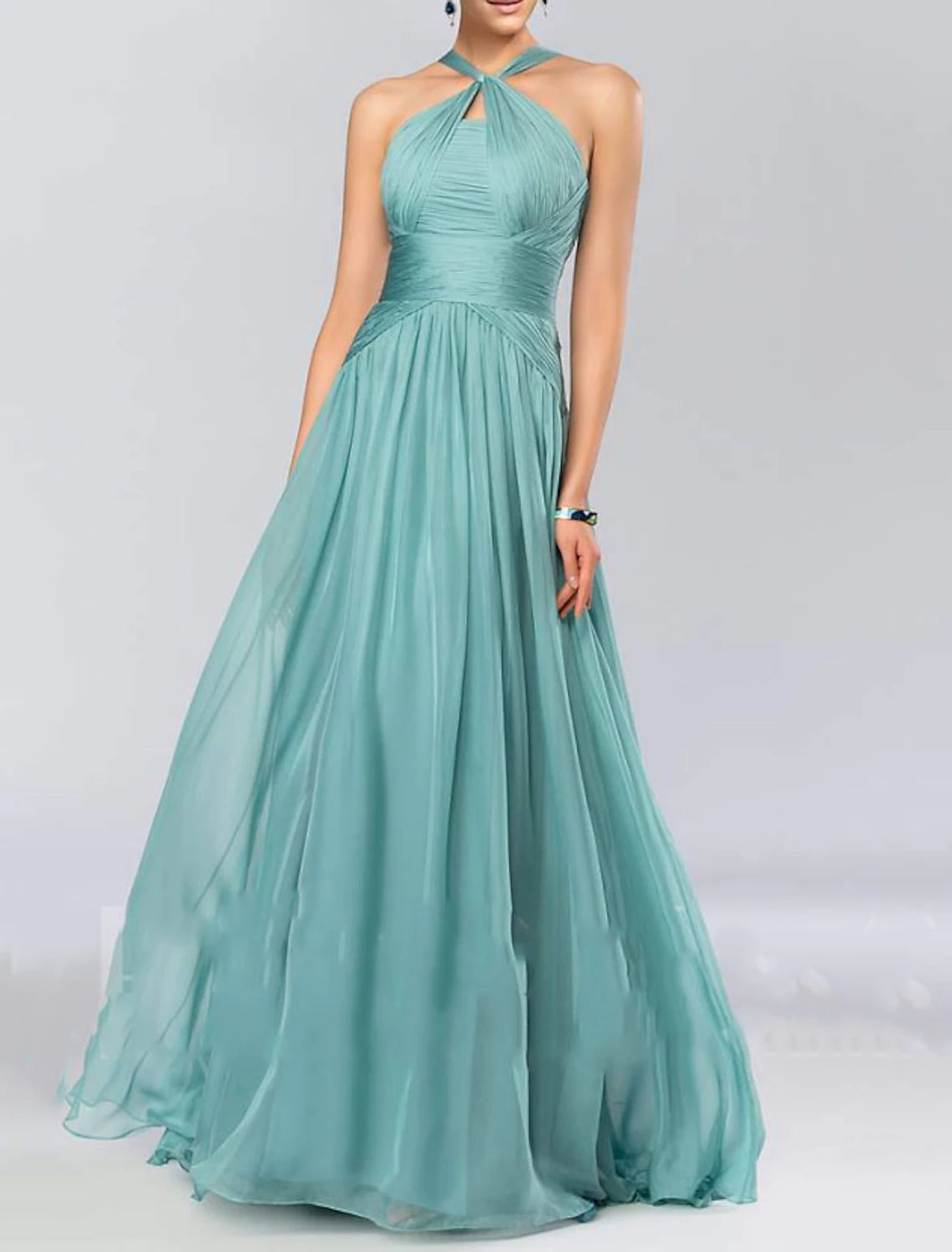 Abito da damigella d'onore a trapezio, elegante, senza maniche, in chiffon lungo fino al pavimento, con pieghe/drappeggi
